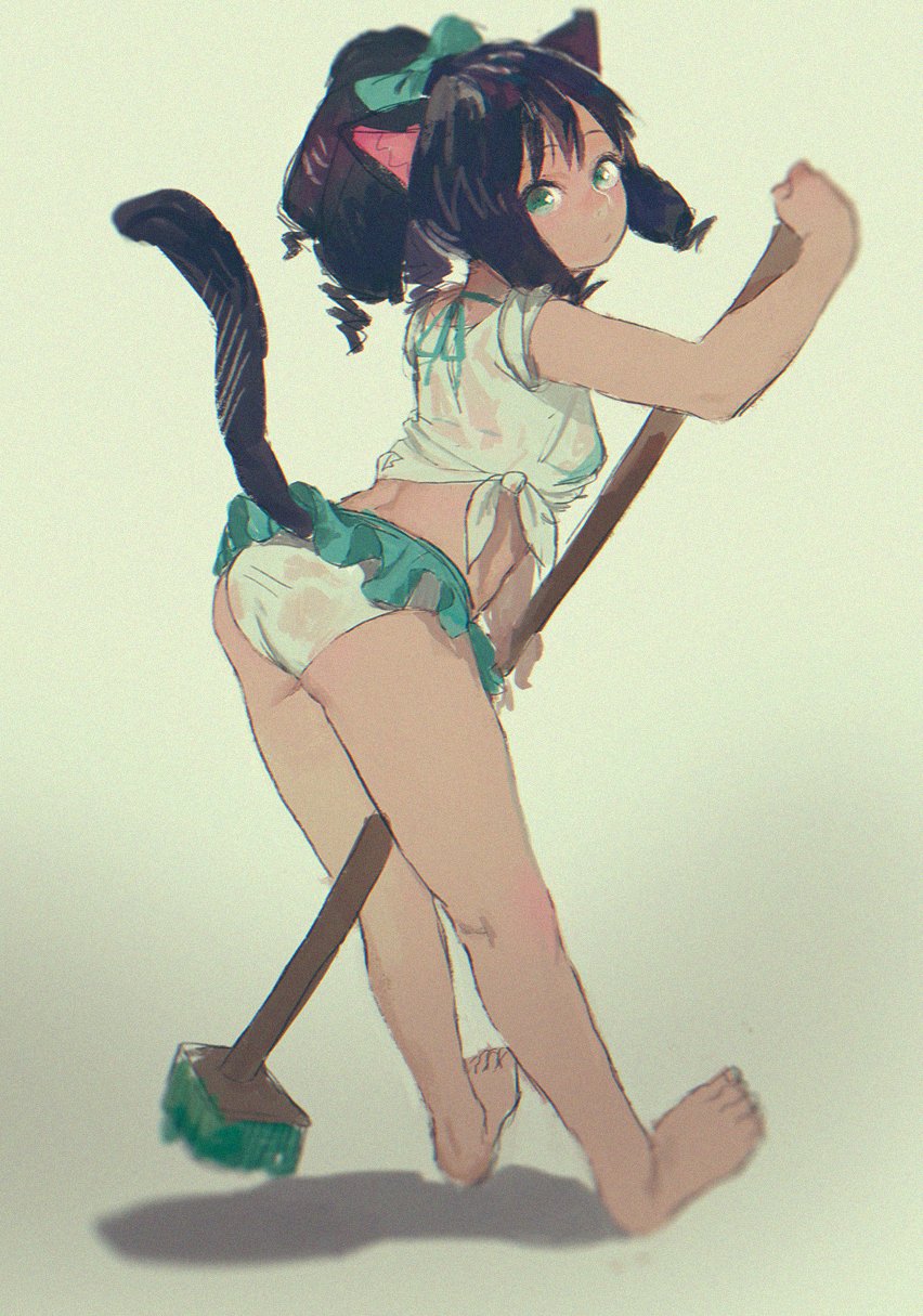1girl, animal_ears, ass, barefoot, black_hair, broom, cat_ears, cat_girl