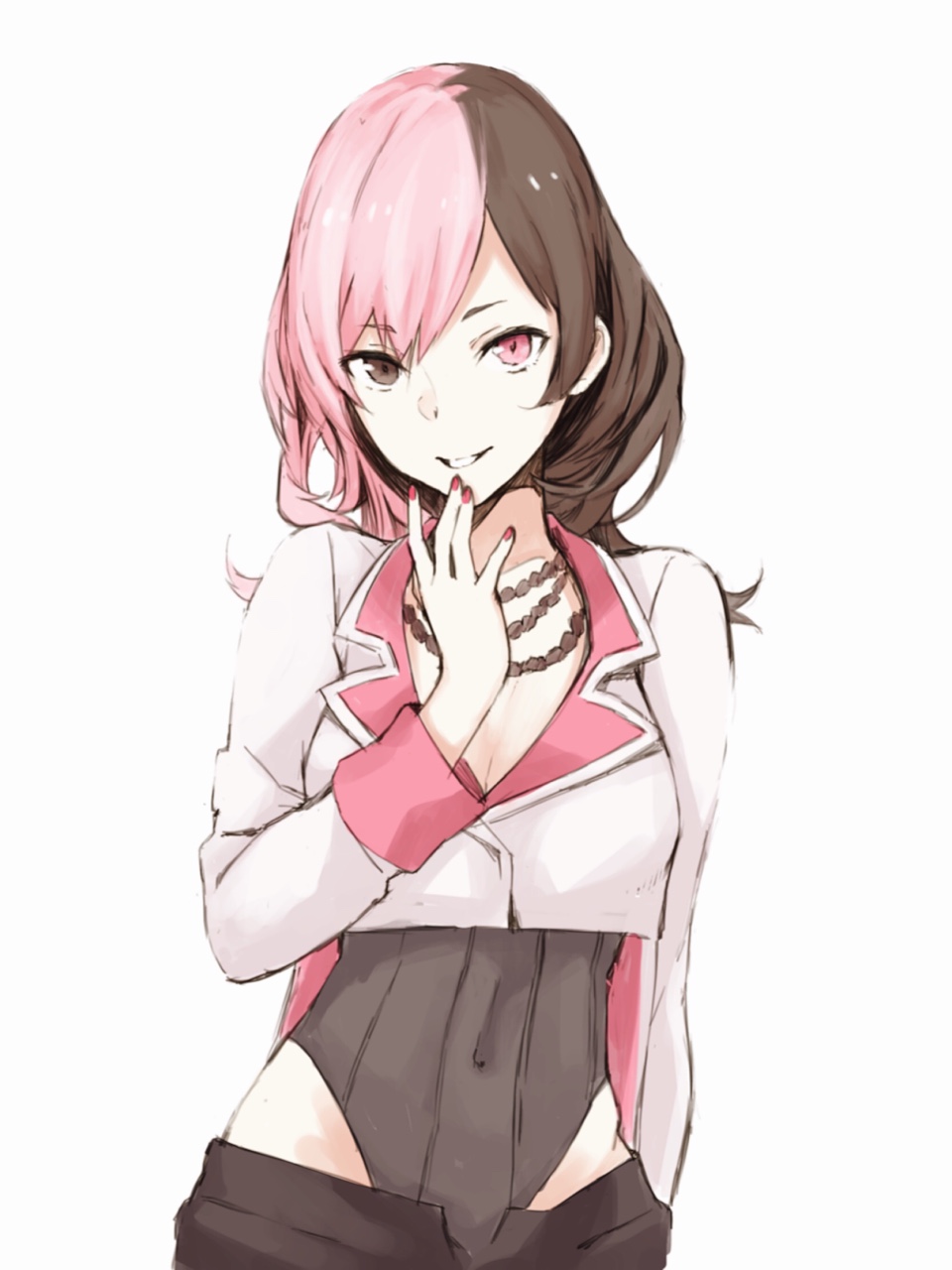 1girl, :d, black_pants, breasts, brown_hair, cleavage, clothing_cutout, covered_navel