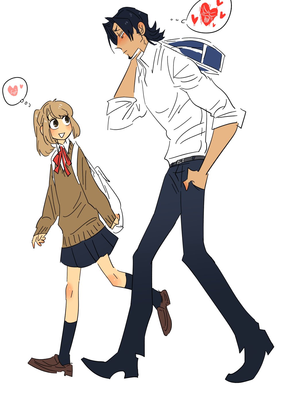 1boy, 1girl, bag, blue_hair, brown_hair, commentary_request, heart, height_difference