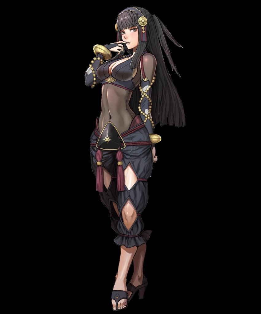 1girl, arm_behind_back, black_eyes, black_hair, bracelet, breasts, capri_pants, cleavage, covered_navel, feet, female_focus, fire_emblem, fire_emblem_fates, fire_emblem_heroes, full_body, high_heels, highres, jewelry, kusakihara_toshiyuki, large_breasts, long_hair, matching_hair/eyes, nintendo, official_art, open_mouth, pants, rhajat_(fire_emblem), sandals, solo, standing, toes, transparent_background