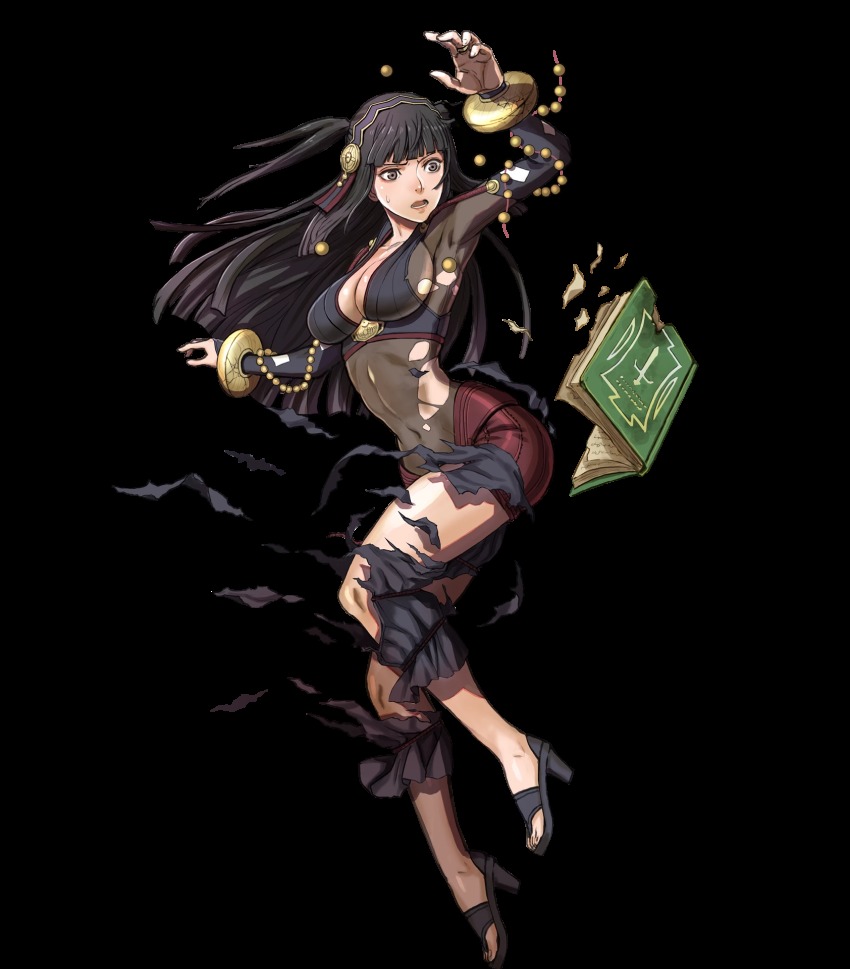 1girl, black_eyes, black_hair, book, bracelet, breasts, cleavage, covered_navel, feet, female_focus, fire_emblem, fire_emblem_fates, fire_emblem_heroes, full_body, high_heels, highres, injury, jewelry, kusakihara_toshiyuki, large_breasts, long_hair, matching_hair/eyes, nintendo, official_art, open_mouth, rhajat_(fire_emblem), ryona, sandals, sideboob, solo, toes, torn_clothes, transparent_background, two_side_up