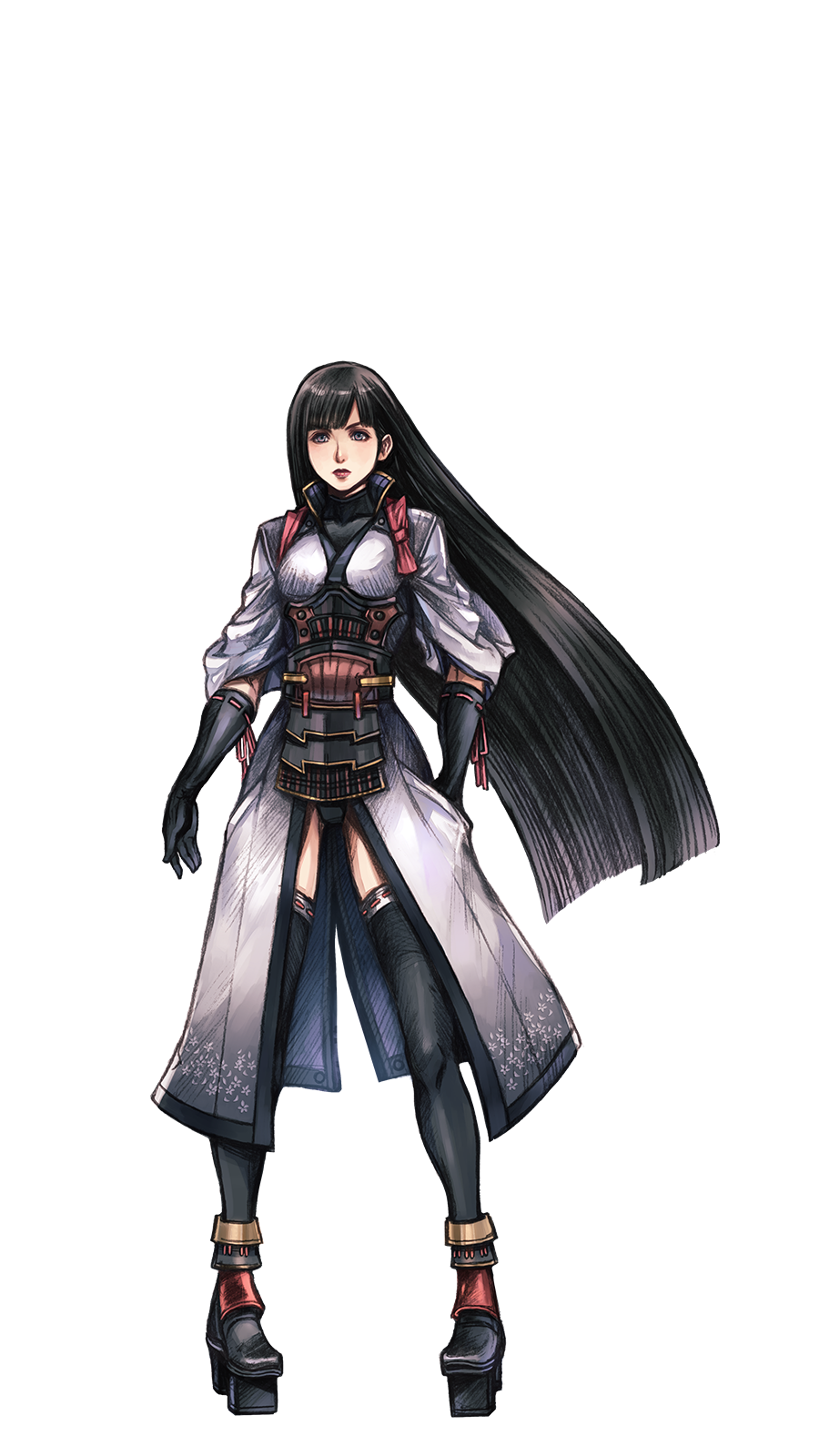 1girl, armor, black_hair, female_focus, full_body, highres, japanese_armor, japanese_clothes, kimono, long_hair, looking_at_viewer, nintendo, nomura_tetsuya, official_art, patroka_(xenoblade), solo, thighhighs, transparent_background, white_background, xenoblade_chronicles_(series), xenoblade_chronicles_2