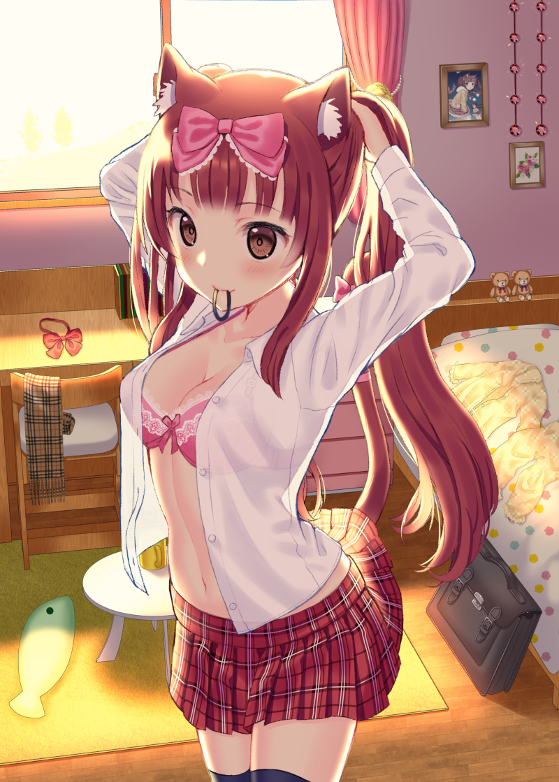 1girl, animal_ears, arched_back, arms_up, bed, black_thighhighs, blanket, blunt_bangs