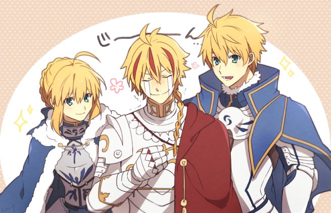 1girl, 2boys, ahoge, armor, arthur_pendragon_(fate), artoria_pendragon_(fate), blonde_hair, braid, braided_bun, cape, choco_taberusan, closed_eyes, crying, fate/prototype, fate/stay_night, fate/strange_fake, fate_(series), flower_symbol, fur_trim, green_eyes, hair_bun, hand_on_own_chest, multicolored_hair, multiple_boys, richard_i_(fate), saber_(fate), single_braid, streaked_hair, streaming_tears, tears, upper_body
