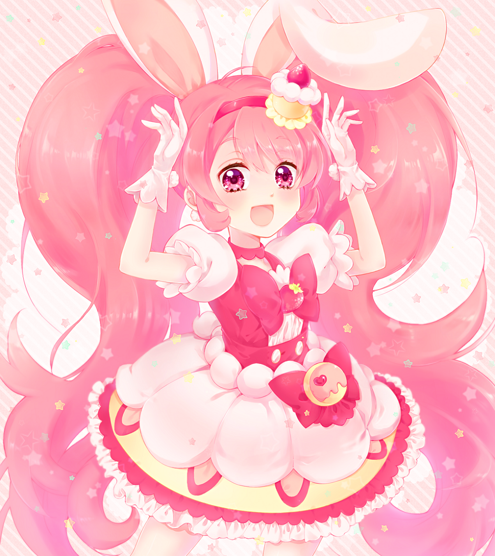10s, 1girl, :d, animal_ears, bow, cake_hair_ornament, choker, cowboy_shot, cure_whip, dress, earrings, female_focus, food-themed_hair_ornament, gloves, hair_ornament, hairband, jewelry, kashitani_futaba, kirakira_precure_a_la_mode, long_hair, looking_at_viewer, magical_girl, open_mouth, pink_background, pink_bow, pink_eyes, pink_hair, pink_hairband, pink_neckwear, pink_theme, pom_pom_(clothes), pom_pom_earrings, precure, puffy_sleeves, rabbit_ears, smile, solo, striped_background, twintails, usami_ichika, white_dress, white_gloves