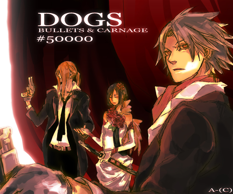 1girl, 2boys, bad_id, bad_pixiv_id, badou_nails, dogs:_bullets_&amp;_carnage, flower, formal_clothes, fuyumine_naoto, gun, haine_rammsteiner, katana, multiple_boys, necktie, suit, sword, weapon, yoichi_(pixiv_273474)
