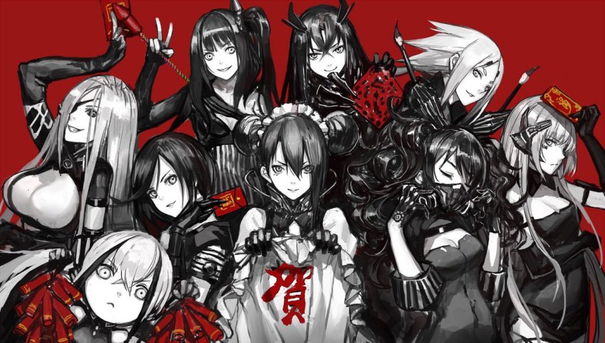 6+girls, agent_(girls'_frontline), alchemist_(girls'_frontline), architect_(girls'_frontline), black_hair, chinese_new_year, destroyer_(girls'_frontline), double_bun