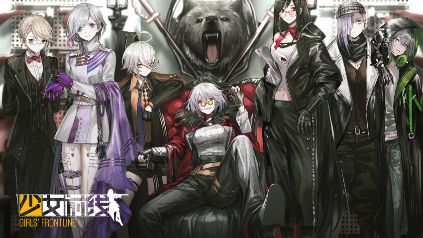 6+girls, aek-999_(babe_driver)_(girls'_frontline), aek-999_(girls'_frontline), ahoge, alternate_costume, black_hair, blonde_hair, blouse, blue_eyes, braid, breasts, cleavage, coat, contender_(girls'_frontline), contender_(opera_ghost)_(girls'_frontline), formal_clothes, fur_trim, g36_("sommelier")_(girls'_frontline), g36_(girls'_frontline), girls'_frontline, gloves, green_eyes, gun, hair_over_one_eye, handgun, hat, highres, holster, holstered, hood, hoodie, infukun, jacket, jacket_on_shoulders, mg5_(call_of_the_hunter)_(girls'_frontline), mg5_(girls'_frontline), monocle, multiple_girls, necktie, official_alternate_costume, official_art, on_throne, open_clothes, open_shirt, pistol, pkp_(girls'_frontline), pkp_(l.a.d.y)_(girls'_frontline), plaid_clothes, purple_hair, pzb39_(girls'_frontline), pzb39_(raging_rider)_(girls'_frontline), red_eyes, rifle-caliber_handgun, rifle-caliber_pistol, shirt, sitting, skirt, standing, sunglasses, thompson/center_contender, thompson_(demon_hunter)_(girls'_frontline), thompson_(girls'_frontline), throne, torn_clothes, torn_skirt, weapon, white_hair, white_shirt, yellow_eyes