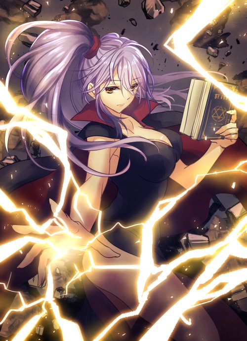 1girl, ass, bad_id, bad_twitter_id, book, breasts, brown_eyes, cleavage, female_focus, fire_emblem, ishtar_(fire_emblem), light_purple_hair, lightning, lips, long_hair, magic, minamibe, nintendo, outstretched_arm, rock, rubble, side_ponytail, solo, thighs