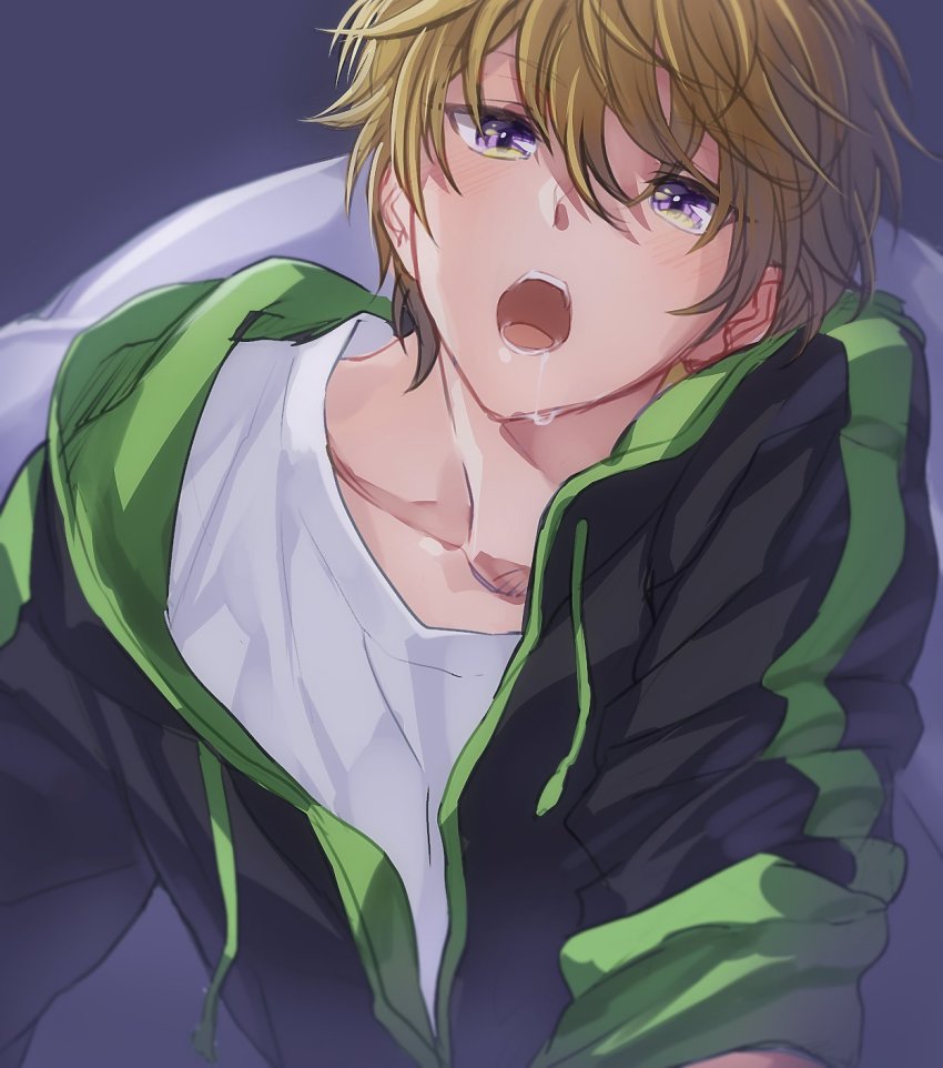 1boy, bad_id, bad_twitter_id, blush, brown_hair, close-up, collarbone, drooling