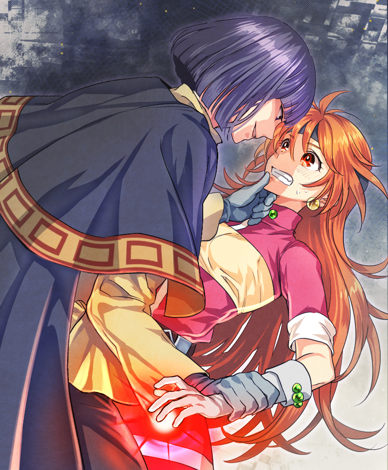 1boy, 1girl, arm_grab, bad_id, bad_pixiv_id, bob_cut, clenched_teeth, earrings, hand_on_another's_face, headband, jewelry, lina_inverse, long_sleeves, looking_at_another, magic, minamibe, orange_hair, purple_hair, red_eyes, red_hair, shawl, short_hair, slayers, teeth, xelloss