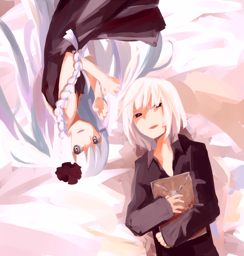 1boy, 1girl, aitaki, bad_id, bad_pixiv_id, black_shirt, blunt_bangs, bob_cut