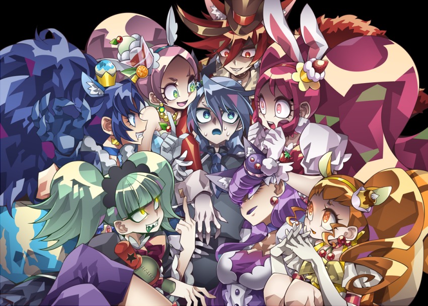 10s, 1boy, 6+girls, :d, animal_ears, arisugawa_himari, biburi_(precure), black_background