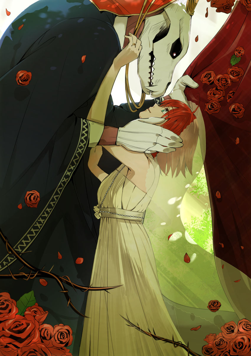 absurdres, couple, dress, elias_ainsworth, flower, fujiharu_(akamine), gloves, hand_on_another's_cheek, hatori_chise, highres, looking_at_another, mahou_tsukai_no_yome, red_hair, rose, skull, thorns