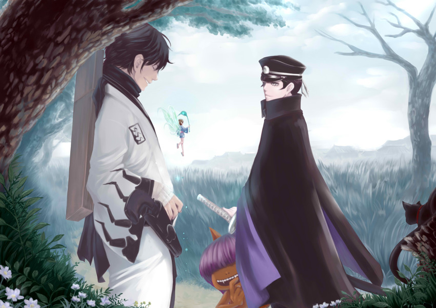 2boys, black_hair, cape, cat, closed_eyes, day, demon_(megami_tensei), devil_summoner_(series)