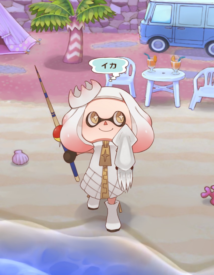 +_+, 1girl, animal_crossing, animal_crossing:_pocket_camp, beach, blush, crown, dress, female_focus, fingerless_gloves, fishing, fishing_rod, full_body, gloves, highres, inkling, looking_at_viewer, mini_crown, multicolored_hair, nintendo, outdoors, pantyhose, pearl_(off_the_hook_outfit)_(splatoon), pearl_(splatoon), pink_hair, pink_pantyhose, prat_rat, seashell, shell, sleeveless, sleeveless_dress, smile, solo, speech_bubble, splatoon_(series), splatoon_2, squid, symbol-shaped_pupils, tentacle_hair, text_focus, two-tone_hair, white_hair, yellow_eyes, zipper