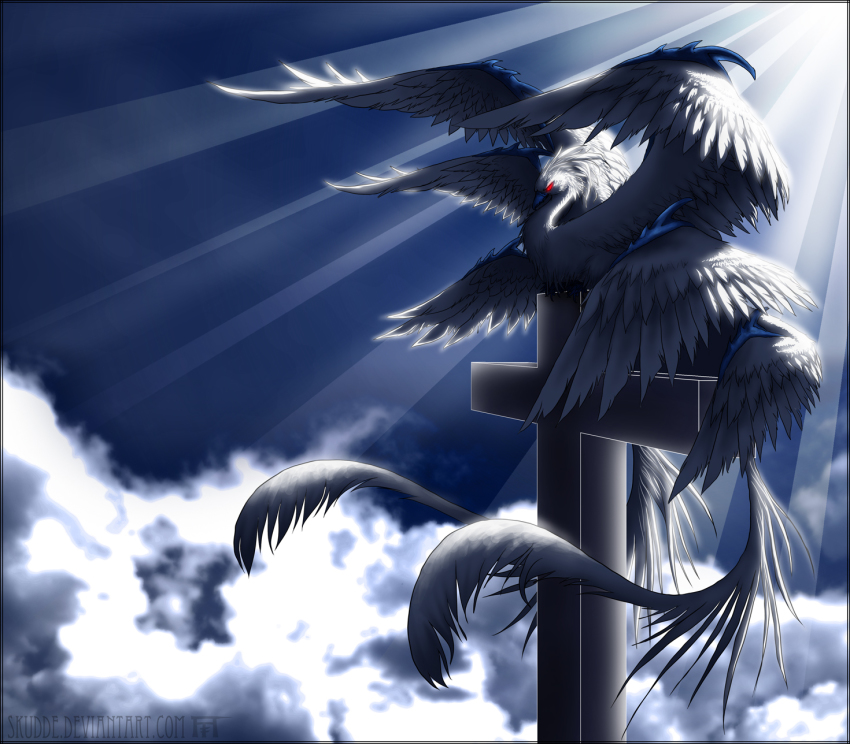 1girl, animalization, bird, cloud, cloudy_sky, cross, highres, light_rays, multiple_wings, red_eyes, sariel_(touhou), sitting, skudde, sky, touhou, touhou_(pc-98), wings