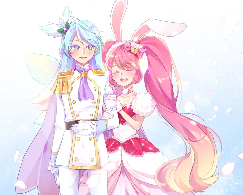 10s, 1boy, 1girl, a_la_mode_style_(precure), animal_ears, aqua_hair, ascot, belt