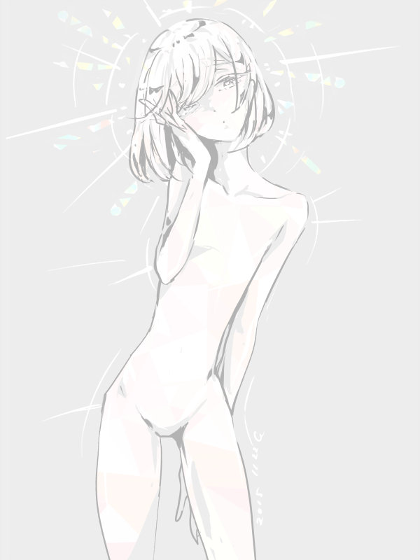 1other, androgynous, cojima, dated, diamond_(houseki_no_kuni), houseki_no_kuni, monochrome, multicolored_hair, nude, short_hair, signature, solo, sparkle