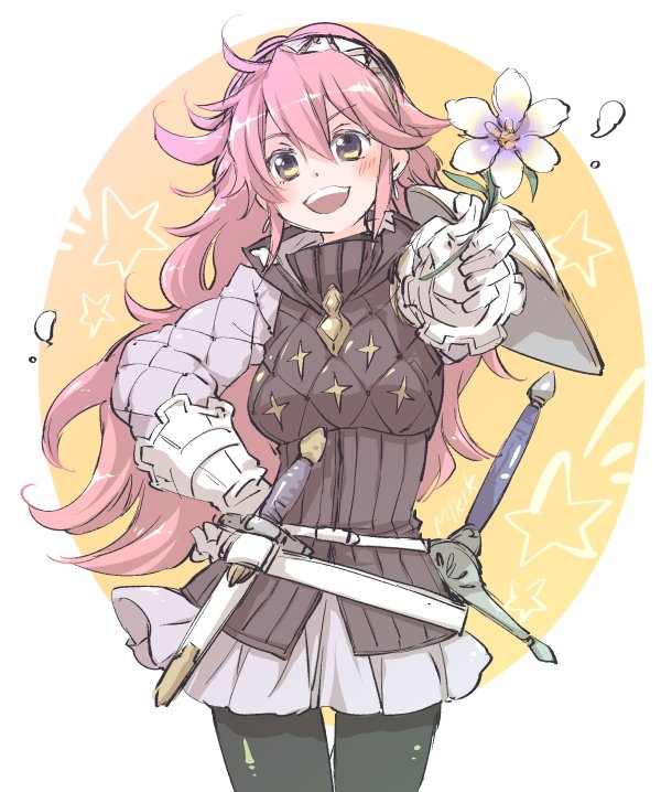 1girl, armor, blush, cape, female_focus, fire_emblem, fire_emblem_fates, fire_emblem_heroes, gloves, hairband, kizuki_miki, long_hair, looking_at_viewer, nintendo, pantyhose, pink_hair, purple_eyes, simple_background, smile, soleil_(fire_emblem), solo, white_background