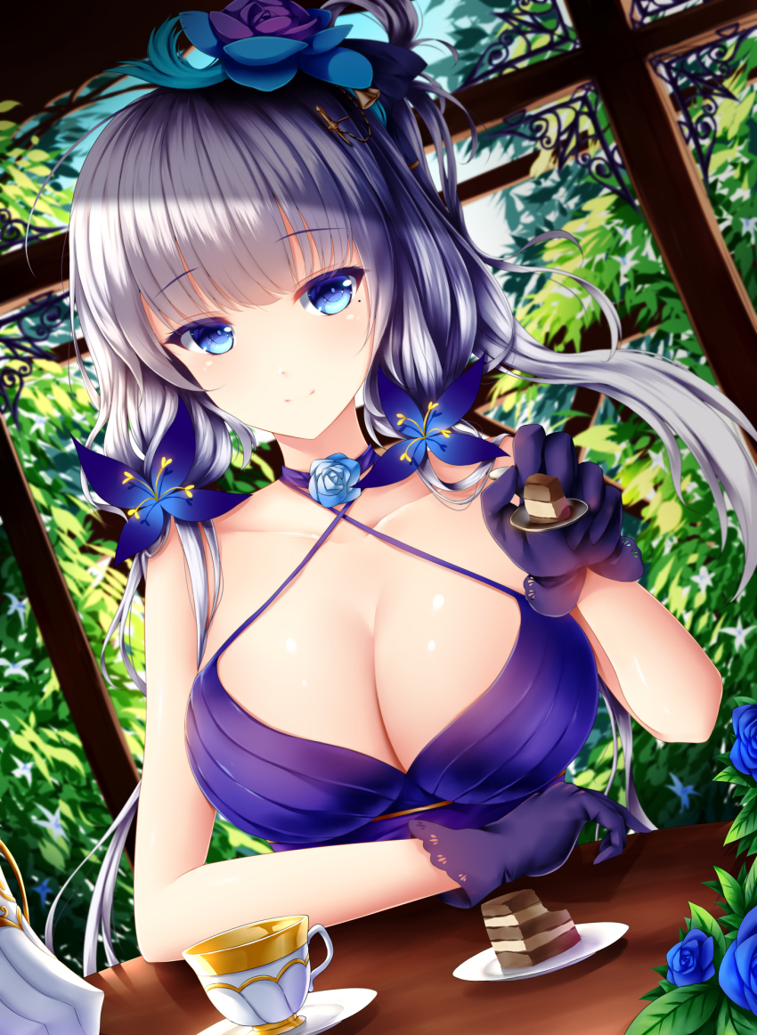 1girl, azur_lane, blue_eyes, blue_flower, blue_rose, blush, breasts, cake, choker, cleavage, closed_mouth, commentary, cup, dress, dutch_angle, elbows_on_table, feeding, female_focus, flower, food, gloves, hair_flower, hair_ornament, highres, holding, holding_spoon, illustrious_(azur_lane), illustrious_(never-ending_tea_party)_(azur_lane), incoming_food, indoors, large_breasts, long_hair, looking_at_viewer, low_twintails, mole, mole_under_eye, pov_feeding, purple_dress, purple_gloves, rose, saucer, shiny_skin, smile, solo, spoon, table, teacup, tiramisu, twintails, white_hair, window, wsman