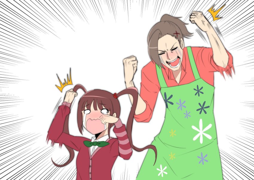 10s, 1boy, 1girl, apron, brown_hair, clenched_hands, crying, emphasis_lines