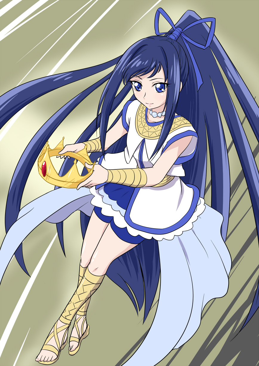 1girl, bike_shorts, blue_bow, blue_eyes, blue_hair, blue_shorts, bow, closed_mouth, crown, cure_priestess, dengeki_gx, dokidoki!_precure, female_focus, full_body, hair_bow, high_ponytail, highres, holding, layered_skirt, light_smile, long_hair, looking_at_viewer, magical_girl, ponytail, precure, sandals, shorts, shorts_under_skirt, skirt, solo, yellow_sandals