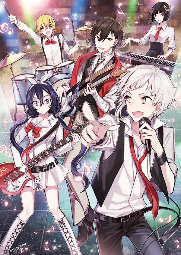 10s, 2girls, 3boys, arm_up, asymmetrical_hair, bad_id, bad_twitter_id, band_(music), bandaged_arm, bandaged_neck, bandages, bass_guitar, belt, black_hair, blonde_hair, blue_eyes, blue_hair, blunt_bangs, bob_cut, boots, bow, bowtie, bracelet, brown_eyes, brown_hair, bungou_stray_dogs, butterfly_hair_ornament, commentary_request, dazai_osamu_(bungou_stray_dogs), drum, drum_set, ecru, facing_viewer, guitar, hair_between_eyes, hair_bow, hair_ornament, hairband, high-waist_skirt, holding, holding_instrument, holding_microphone, instrument, izumi_kyouka_(bungou_stray_dogs), jacket, jewelry, keyboard_(instrument), lace-up_boots, laces, long_hair, long_sleeves, looking_at_viewer, microphone, miniskirt, miyazawa_kenji_(bungou_stray_dogs), multicolored_hair, multiple_boys, multiple_girls, music, musical_note, nakajima_atsushi_(bungou_stray_dogs), necktie, open_clothes, open_jacket, open_mouth, pants, playing_instrument, pointing, pointing_at_viewer, red_eyes, red_neckwear, rock_band, shirt, shoes, short_hair, singing, skirt, smile, sparkle, standing, straight_hair, streaked_hair, suspenders, tile_floor, tiles, twintails, upper_body, very_long_hair, vest, white_footwear, white_hair, white_jacket, white_shirt, white_skirt, white_sleeves, wire, wristband, yellow_eyes, yosano_akiko_(bungou_stray_dogs)