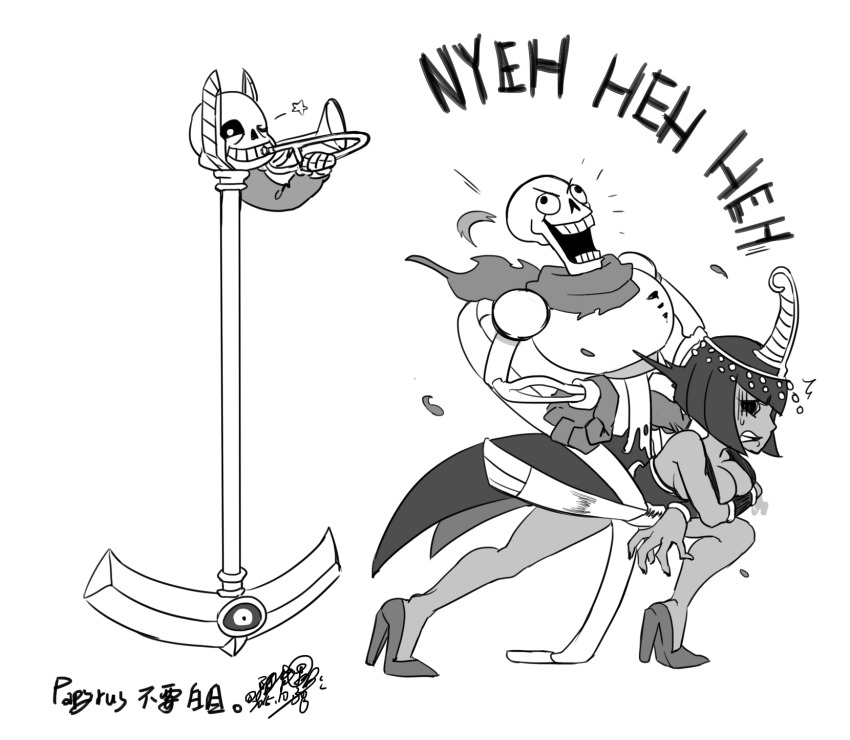 1girl, 2017, 2boys, avimedes, bandana, bent_over, bone, breasts, circlet, cleavage, clenched_teeth, conjoined, crossed_arms, crossover, dark_skin, dress, eliza_(skullgirls), embarrassed, english_text, frown, gloves, greyscale, hand_on_own_hip, high_heels, highres, instrument, laughing, leaning, leaning_forward, medium_breasts, monochrome, multiple_boys, no_pupils, one_eye_closed, open_mouth, pain, papyrus_(undertale), polearm, sans_(undertale), scythe, shoes, short_hair, signature, simple_background, skeleton, skullgirls, smile, standing, star_(symbol), surprised, teeth, text_focus, trombone, undead, undertale, utdr_(toby_fox), video_game, weapon, white_background, wink