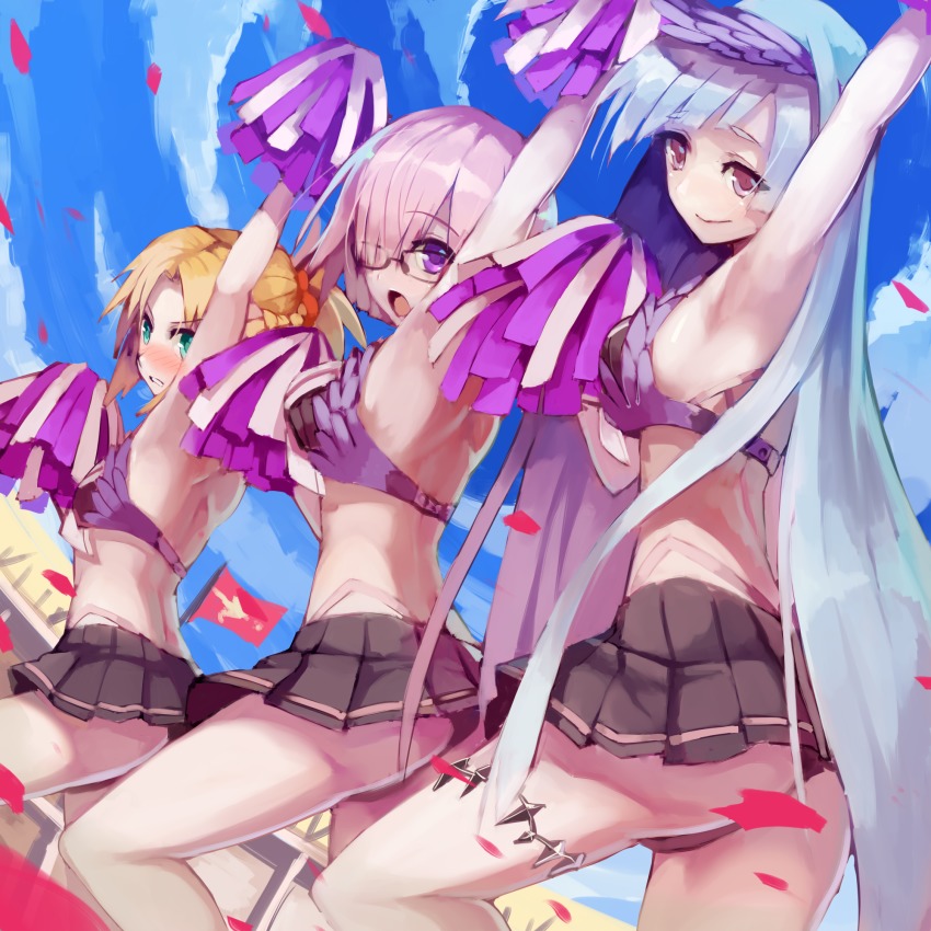 3girls, arm_up, armpits, asymmetrical_bangs, back, black_panties, blonde_hair, blush