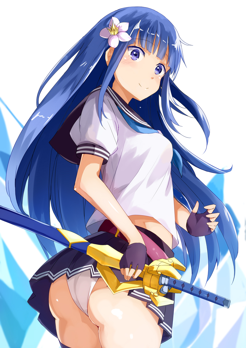 1girl, ass, black_gloves, blue_eyes, blue_hair, blue_skirt, character_request, copyright_request