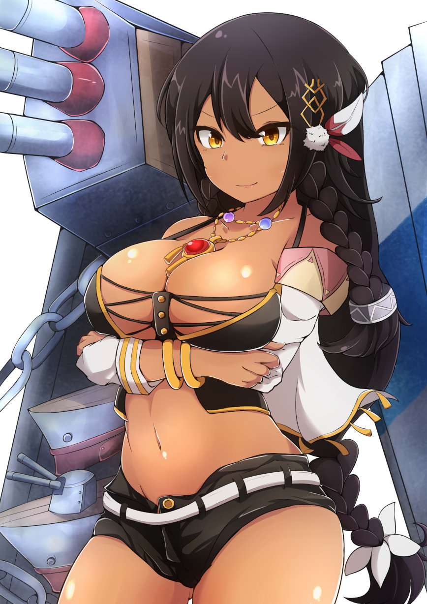 >:), 1girl, azur_lane, bare_shoulders, belt, black_hair, bracelet, braid, breast_hold, breasts, brown_eyes, bustier, crossed_arms, dark-skinned_female, dark_skin, detached_sleeves, feather_hair_ornament, feathers, female_focus, hair_between_eyes, hair_ornament, hair_ribbon, heka=ton, highres, jewelry, large_breasts, long_hair, multiple_braids, native_american, navel, necklace, open_clothes, open_shorts, revealing_clothes, ribbon, rigging, shorts, smile, solo, south_dakota_(azur_lane), unbuttoned, v-shaped_eyebrows, very_long_hair