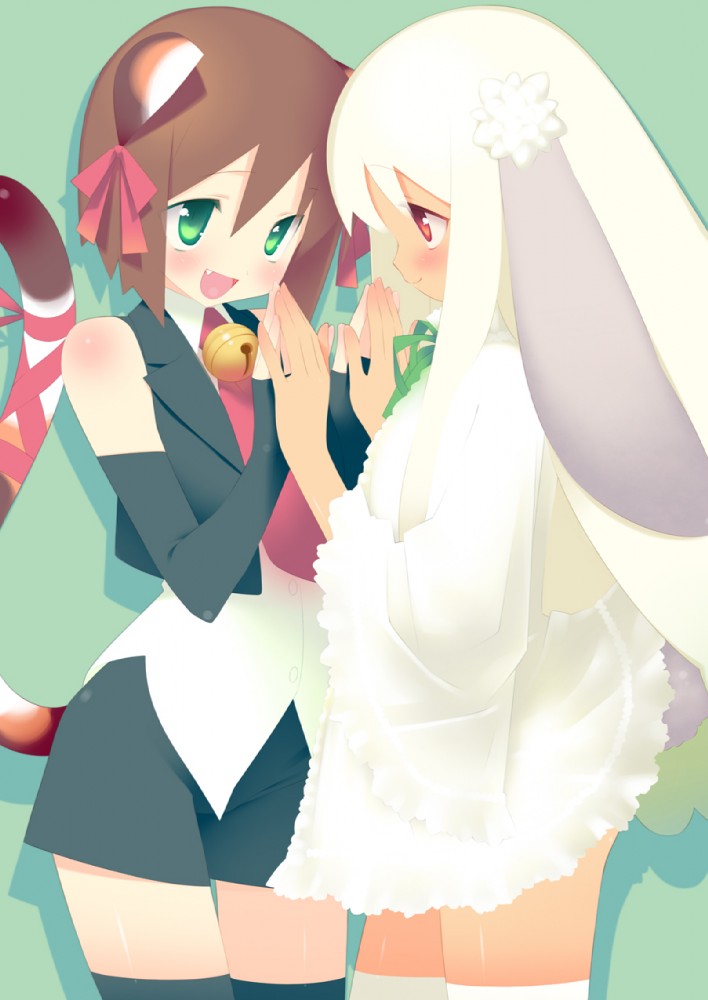 2girls, :d, animal_ears, bare_shoulders, bell, black_gloves, black_legwear, blush