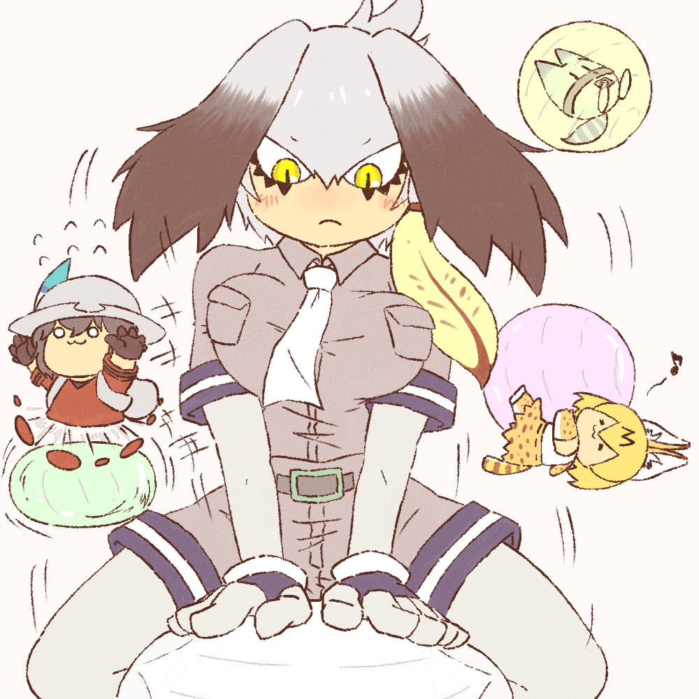 10s, 1girl, 3girls, :3, =_=, afterimage, animal_ears, animal_print, backpack, bad_id, bad_pixiv_id, bag, ball, bare_shoulders, belt, black_gloves, black_hair, blue_gloves, blush, breasts, bucket_hat, chibi, closed_mouth, collared_shirt, commentary_request, elbow_gloves, exercise_ball, fingerless_gloves, flying_sweatdrops, frown, gloves, grey_background, grey_hair, grey_hat, grey_shirt, grey_shorts, grey_thighhighs, hat, hat_feather, high-waist_skirt, kaban_(kemono_friends), kemono_friends, layered_sleeves, long_hair, long_sleeves, looking_down, lucky_beast_(kemono_friends), multicolored_hair, multiple_girls, musical_note, necktie, niwma_(myriad_revery), nose_blush, o_o, orange_gloves, orange_hair, orange_skirt, orange_thighhighs, pantyhose, red_shirt, serval_(kemono_friends), serval_tail, shirt, shoebill_(kemono_friends), shoes, short_hair, short_over_long_sleeves, short_sleeves, shorts, side_ponytail, simple_background, sitting, skirt, sleeveless, sleeveless_shirt, slit_pupils, spoken_musical_note, tail, thighhighs, two-tone_hair, white_footwear, white_neckwear, white_shirt, yellow_eyes