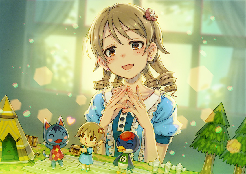 1girl, :3, ^_^, animal_crossing, bird, blue_dress, blush, brown_eyes, cat, closed_eyes, commentary_request, dress, drill_hair, earrings, flower, frills, hair_flower, hair_ornament, idolmaster, idolmaster_cinderella_girls, indoors, jay_(animal_crossing), jewelry, kusano_shinta, light_brown_hair, morikubo_nono, nintendo, open_mouth, own_hands_together, pina_korata, puffy_short_sleeves, puffy_sleeves, rosie_(animal_crossing), short_hair, short_sleeves, smile, tent, tree, villager_(animal_crossing)