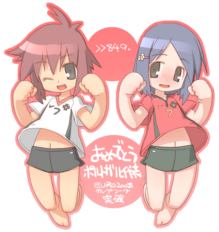 2girls, blue_hair, blush, brown_hair, clothes_lift, euro_2008, green_shorts, grey_eyes, grey_shorts, hair_ornament, medium_hair, multiple_girls, navel, one_eye_closed, original, portugal, red_shirt, shirt, shirt_lift, shorts, soccer, soccer_uniform, sportswear, susagane, white_shirt