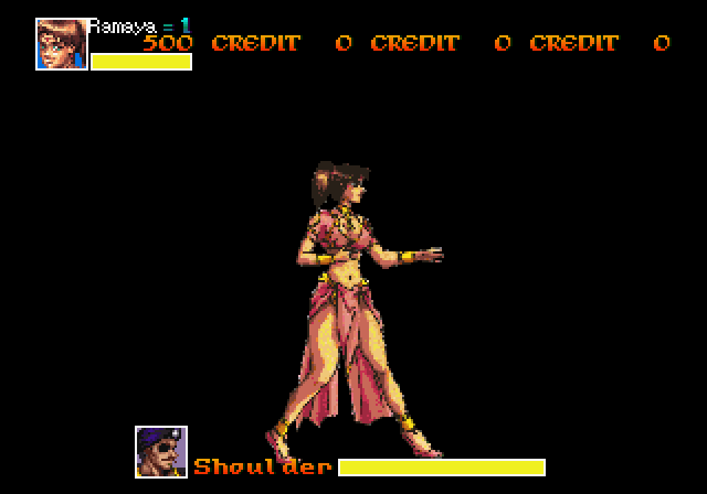 adjusting_hair, animated, animated_gif, arabian_clothes, arabian_fight, asian_indian_clothes, bouncing_breasts, breasts, cleavage, hair_down, harem_outfit, indian_clothes, jewelry, looking_at_viewer, navel, on_ground, ponytail, punching, ramaya, sari, sega, somersault