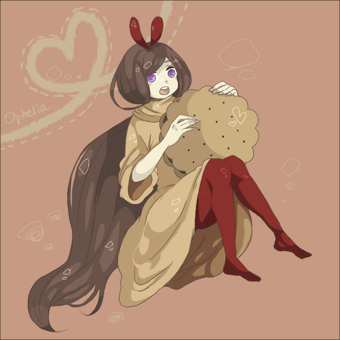 1girl, bad_id, bad_pixiv_id, bemani, brown_background, brown_hair, brown_theme, cookie, female_focus, floating, food, full_body, heart, heart_of_string, knees_together_feet_apart, long_hair, og, ophelia_(pop'n_music), oversized_object, pantyhose, pop'n_music, purple_eyes, red_pantyhose, sitting, solo, swept_bangs, teeth, upper_teeth_only, very_long_hair