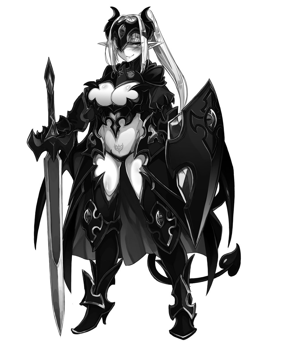 1girl, armor, bikini_armor, blush, boobplate, boots, breastplate, breasts, cape, closed_mouth, dark_knight_(monster_girl_encyclopedia), demon_girl, demon_horns, demon_tail, female_focus, female_knight, full_body, gorget, greaves, greyscale, hair_intakes, hand_on_hilt, headpiece, heart, heart_tattoo, high_heel_boots, high_heels, highres, holding, holding_sword, holding_weapon, horns, kenkou_cross, knight, large_breasts, legs_apart, long_hair, long_sword, looking_at_viewer, monochrome, monster_girl_encyclopedia, monster_girl_encyclopedia_ii, monster_girl_encyclopedia_world_guide_side_ii:_salvarision:_the_fallen_knights_of_lescatie, official_art, one_eye_covered, pauldrons, pointy_ears, ponytail, pubic_tattoo, revealing_clothes, shield, shoulder_armor, simple_background, smile, solo, standing, succubus_(monster_girl_encyclopedia), sword, tail, tattoo, weapon, white_background, wings