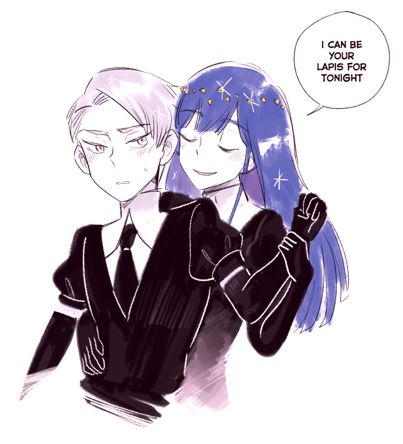 androgynous, ange_(angeban93), blue_hair, cairngorm_(houseki_no_kuni), crystal_hair, elbow_gloves, english_text, gender_request