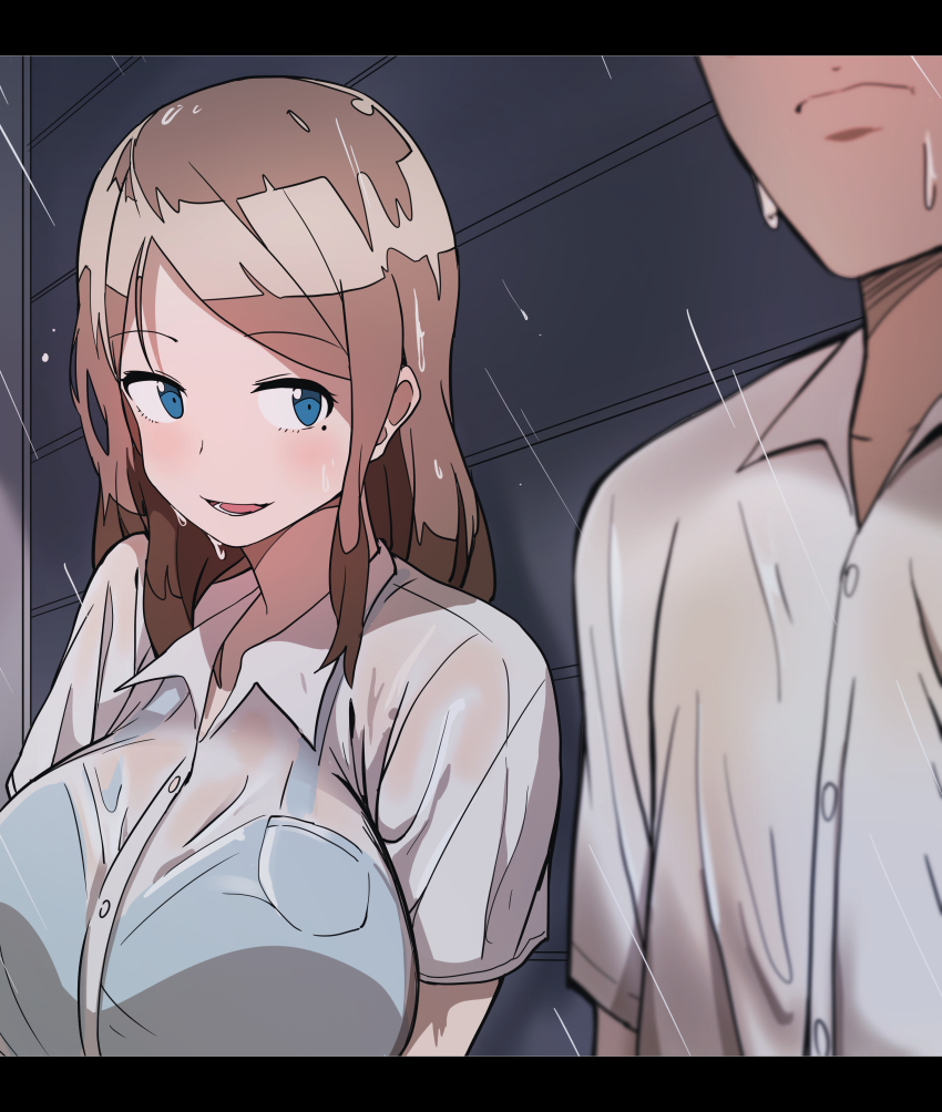 1boy, 1girl, absurdres, against_wall, arms_behind_back, blue_bra, blue_eyes, blurry, bra, breasts, brown_hair, bural_chingu, closed_mouth, commentary, dripping, hatching_(texture), highres, huge_breasts, kang_min-cheol, leaning_to_the_side, letterboxed, light_blush, linear_hatching, looking_at_another, looking_away, looking_to_the_side, luke_(dydansgur), medium_hair, mole, mole_under_eye, mother_and_child, mother_and_son, mrs._yun_mi-jeong, open_mouth, original, out_of_frame, outdoors, parent_and_child, rain, seductive_smile, see-through_clothes, shirt, sidelocks, smile, solo_focus, swept_bangs, underwear, upper_body, wet, wet_clothes, wet_shirt, white_shirt