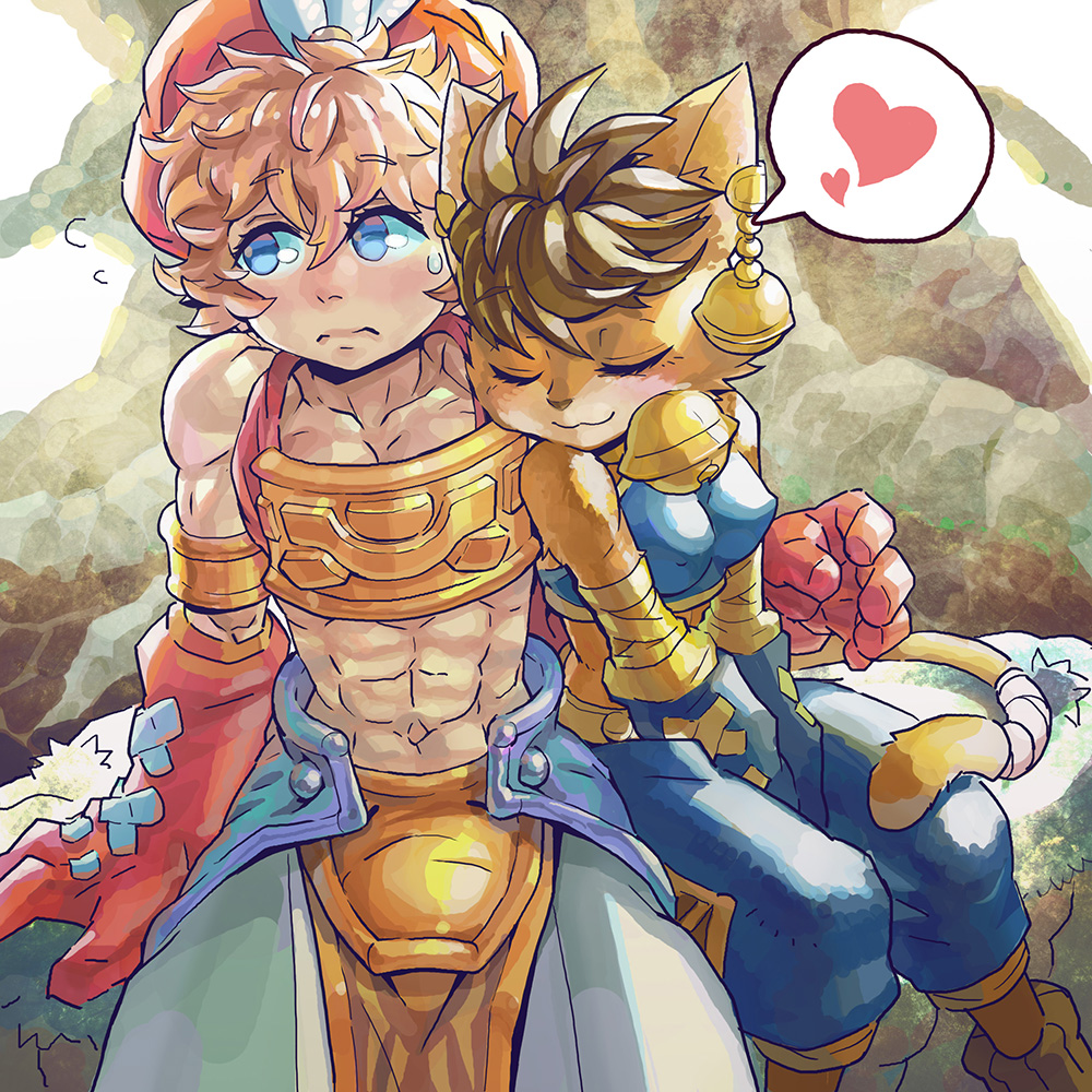 1boy, 1girl, 27_degrees, :3, abs, bell, bell_earrings, blue_eyes, daena, earrings, closed_eyes, furry, gloves, leaning_on_person, legend_of_mana, looking_away, midriff, muscular, seiken_densetsu, spoken_heart, sweatdrop, toto_(lom)