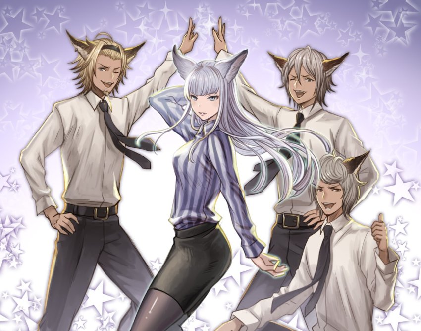 1girl, 3boys, animal_ears, black_neckwear, blouson_chiemi, blunt_bangs, commentary_request, dark-skinned_male