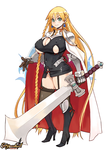 1girl, absurdly_long_hair, armor, blonde_hair, boots, braid, breasts, cleavage