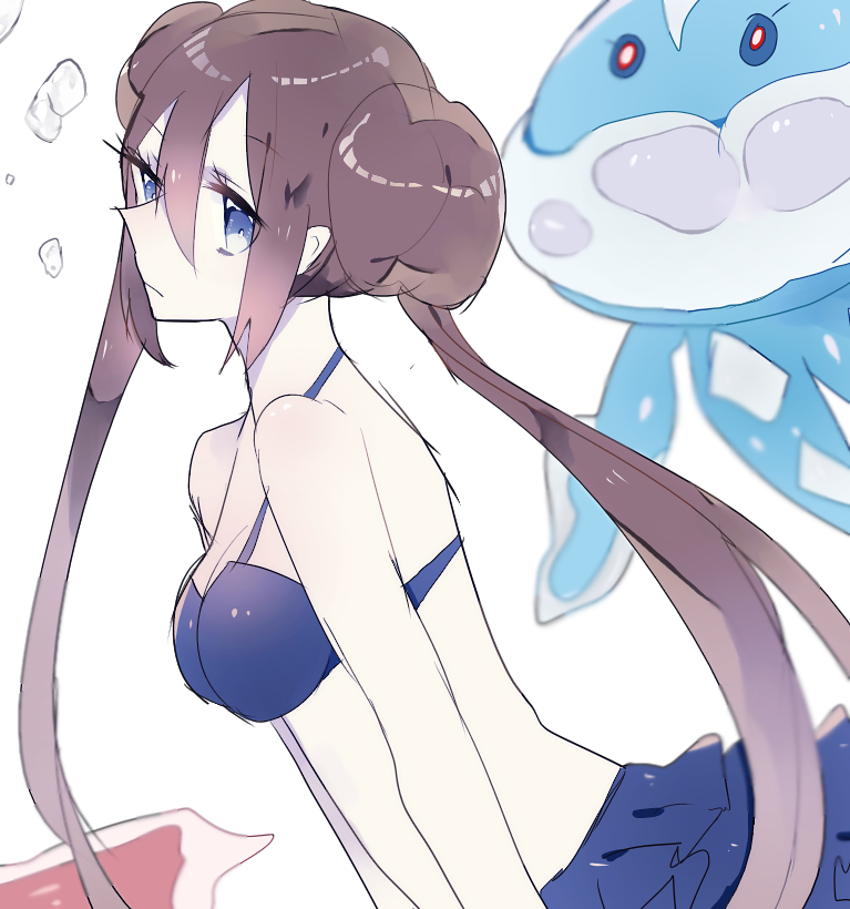 1boy, 1girl, bikini, bikini_skirt, blue_bikini, blue_eyes, breasts, brown_hair, bubble, cleavage, double_bun, from_side, gen_5_pokemon, hair_bun, half-closed_eyes, jellicent, jellyfish, long_hair, looking_at_viewer, looking_to_the_side, medium_breasts, miri_yama, nintendo, pokemon, pokemon_(creature), pokemon_black_2_and_white_2, red_eyes, rosa_(pokemon), simple_background, swimsuit, twintails, underwater, white_background