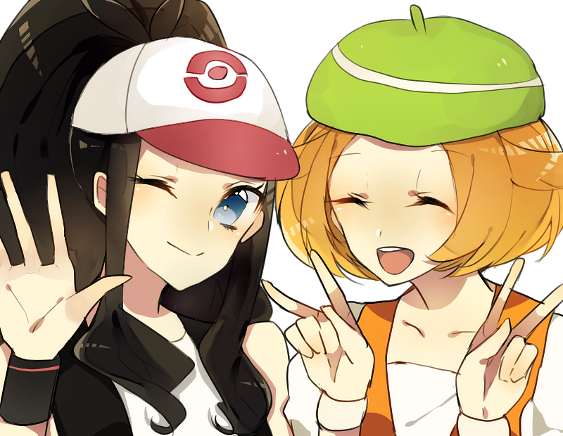 2girls, bare_shoulders, beret, bianca_(pokemon), black_hair, black_vest, blonde_hair, blue_eyes