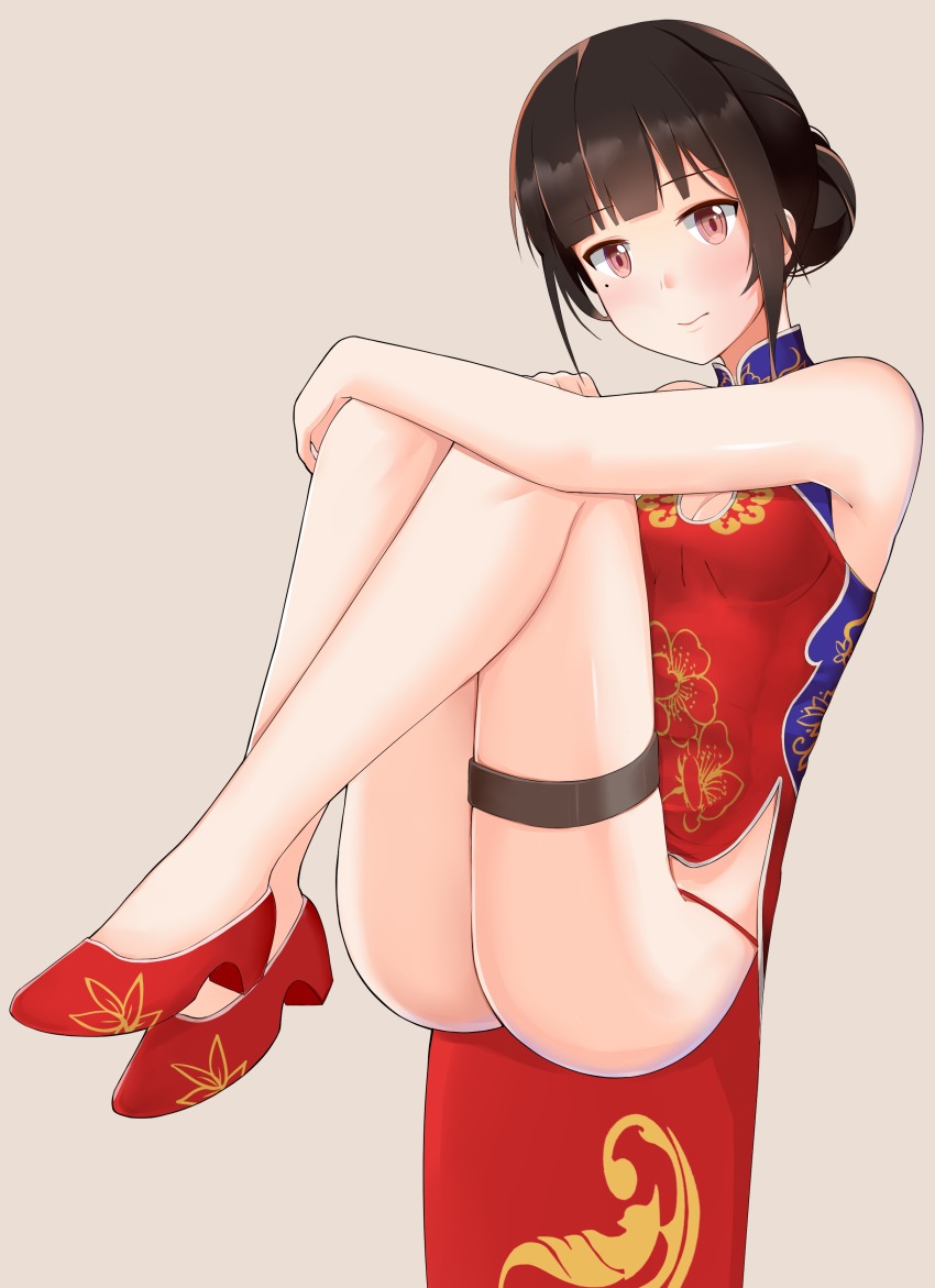 1girl, absurdres, ass, bare_shoulders, black_hair, blunt_bangs, blush, china_dress