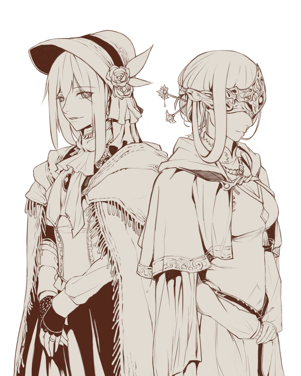 2girls, blindfold, blindfold_mask, bloodborne, bonnet, cloak, cosplay, covered_eyes