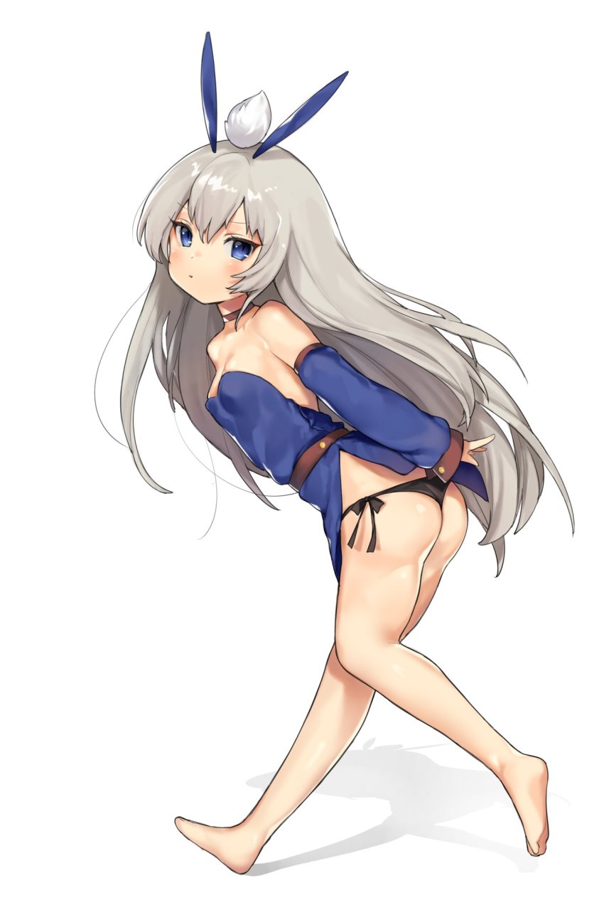 1girl, animal_ears, ass, bad_id, bad_twitter_id, bare_legs, bare_shoulders, barefoot