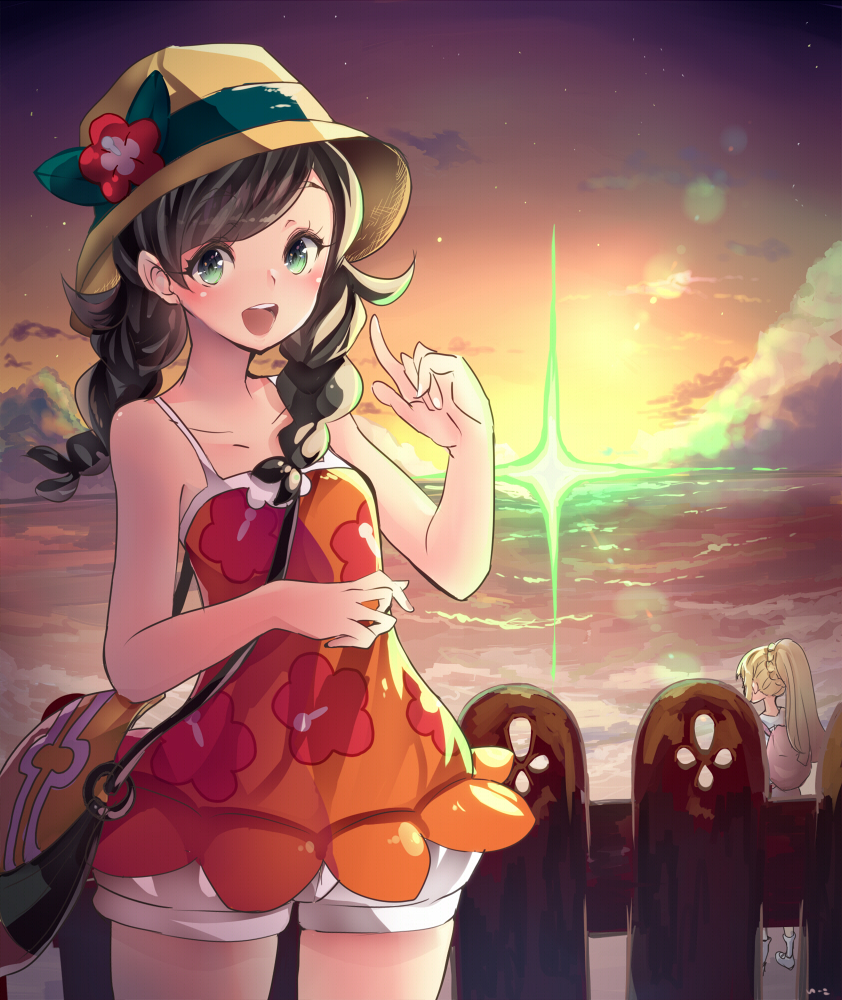 2girls, bag, beach, black_hair, blonde_hair, blush, braid, fence, green_eyes, green_flash, hat, lillie_(pokemon), multiple_girls, nintendo, ocean, open_mouth, pokemon, pokemon_ultra_sun_and_ultra_moon, ponytail, school_uniform, selene_(pokemon), selene_(pokemon_usum), shorts, sky, smile, solo_focus, sun, sunset, tank_top, twin_braids, wide_hips, xe-cox